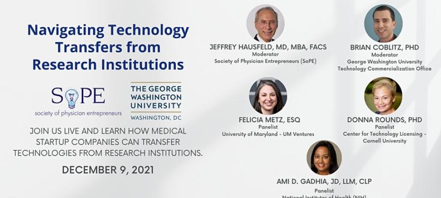 Join us live and learn how medical startup companies can transfer technologies from research institutions presented by the Society of Physician Entrepreneurs and The George Washington University